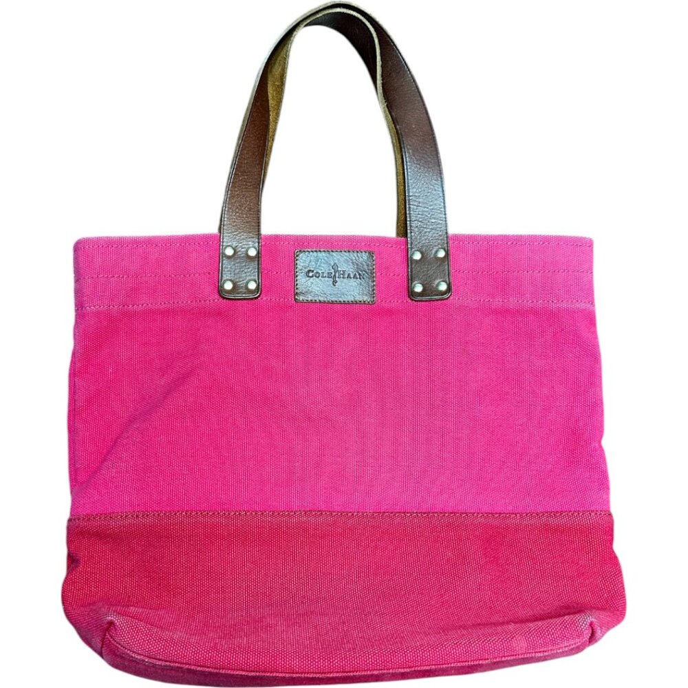 Cole Haan Pink and Red Canvas Tote Bag w Brown Leather handles